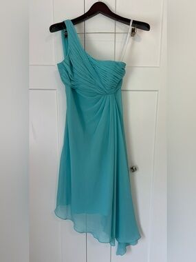 David's Bridal One-Shoulder Teal Chiffon Gown Wedding Bridesmaid 4